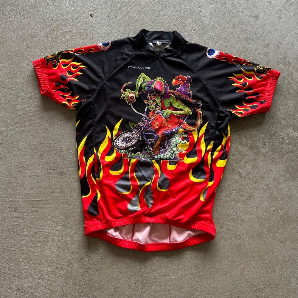 Canari Rat Fink Cycling Jersey Mens Small Flame Double Sided Graphic 1/2 Zip